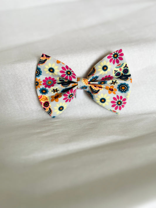 Mexican Candy Skulls Dog Bow Tie - Grey